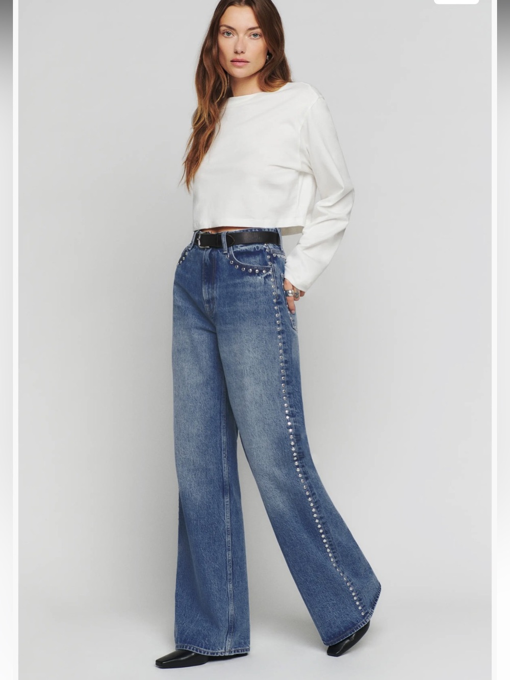 Reformation Cary Slouch Low-Rise Wide-Leg Jeans with Silver Stud Side Trim